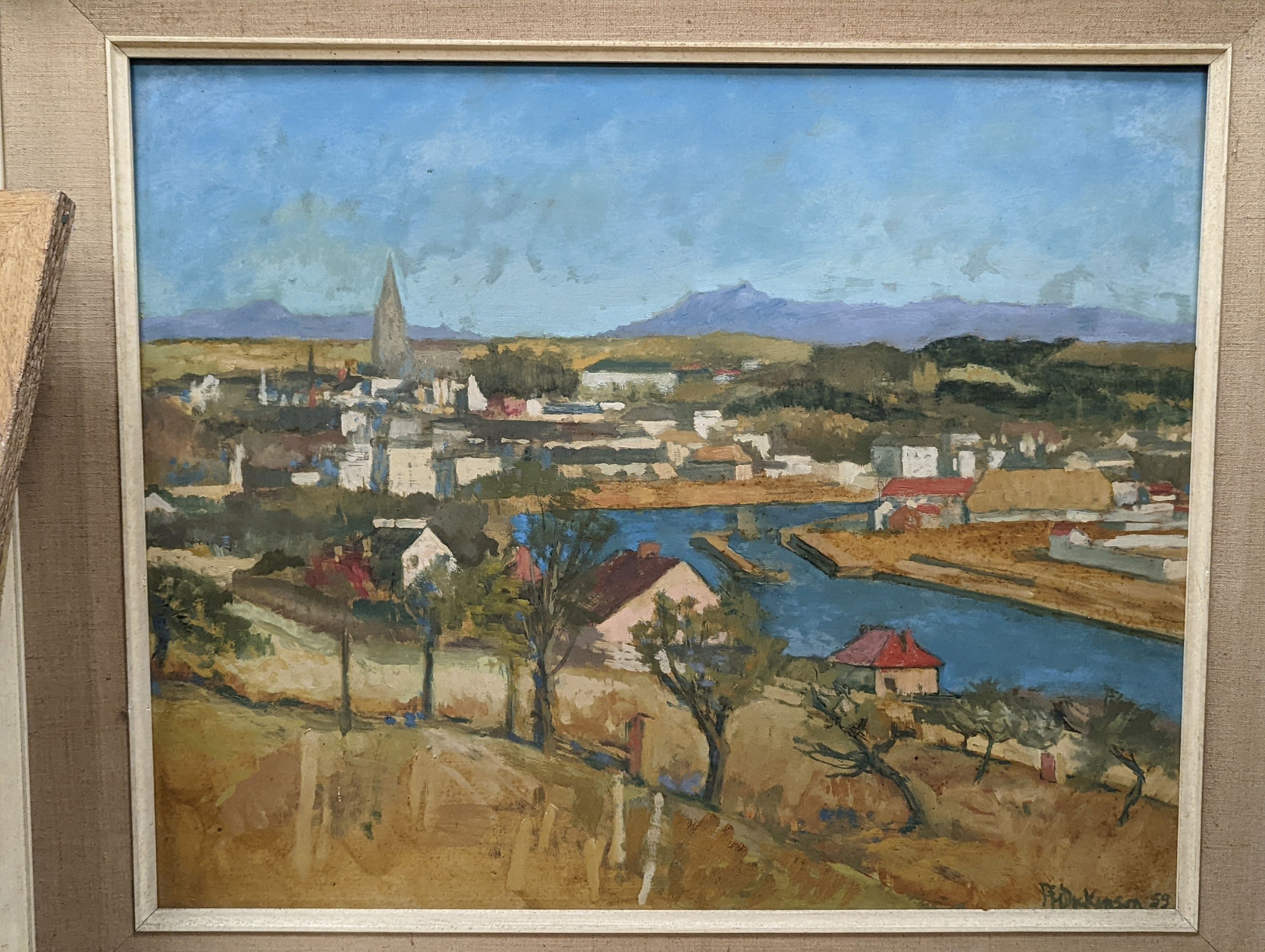P.H. Dickinson, oil on board, River landscape, signed and dated '59, 45 x 55cm and an unsigned oil of a youth, 40 x 32cm